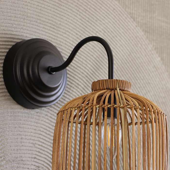 Rattan Siyah Aplik | El Yapımı Doğal Rattan Duvar Aydınlatması