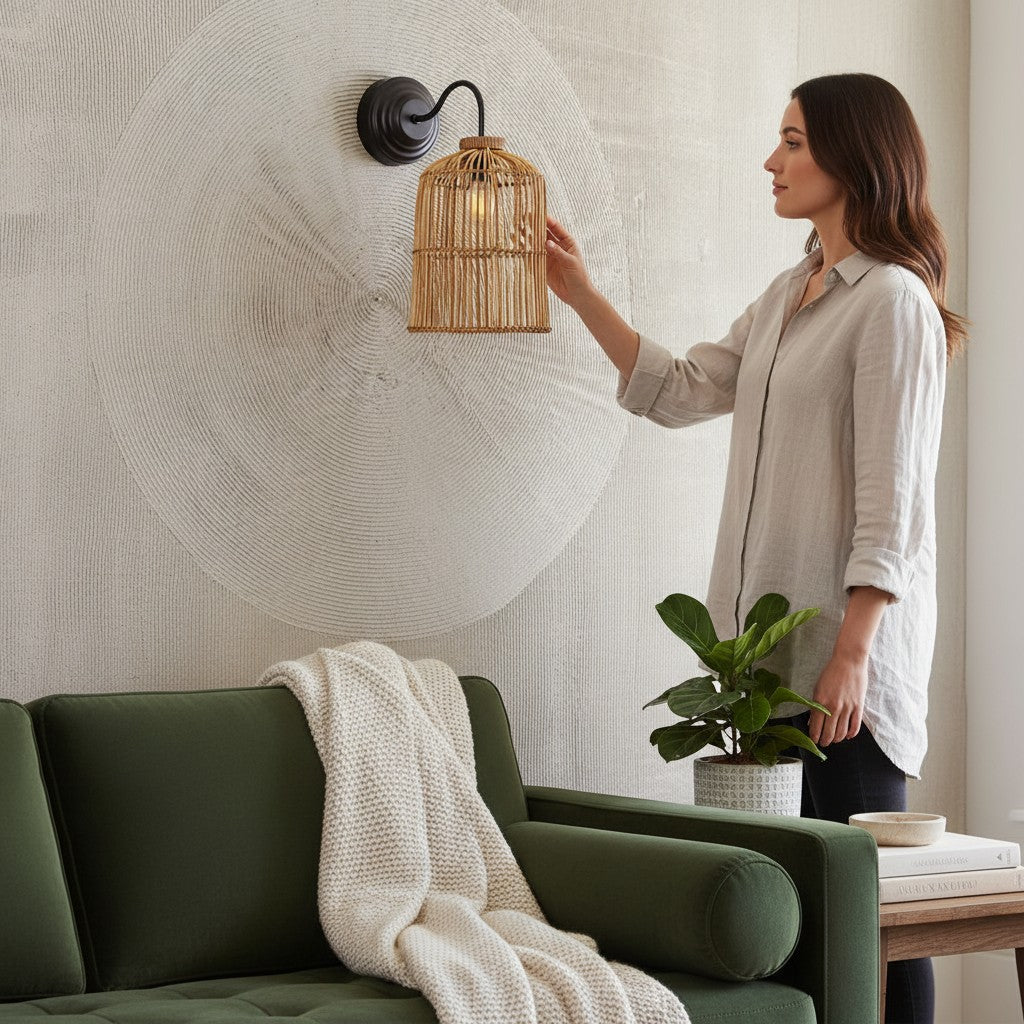 Rattan Siyah Aplik | El Yapımı Doğal Rattan Duvar Aydınlatması