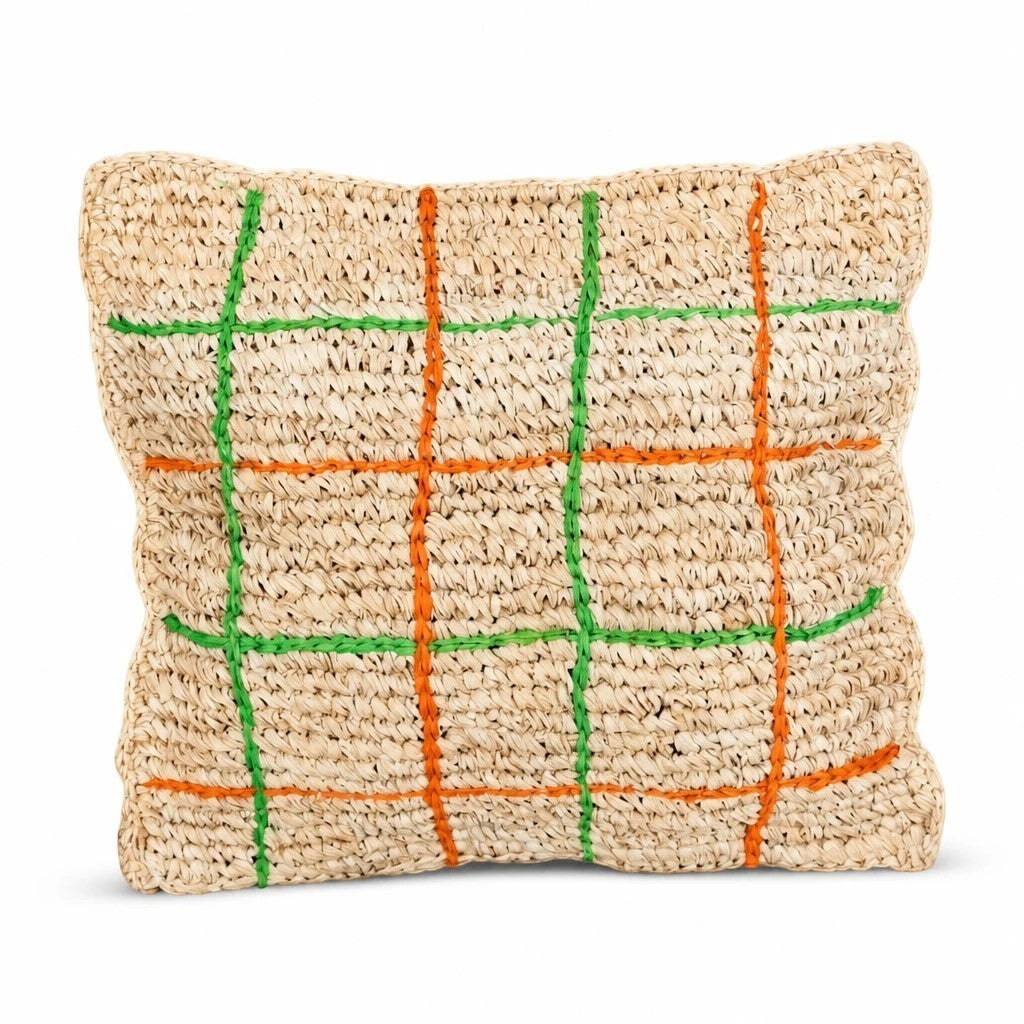 Nour Home el yapımı %100 doğal rafya kırlent kılıfı, turuncu ve yeşil çizgili desenli, 47x47 cm bohem dekoratif yastık.