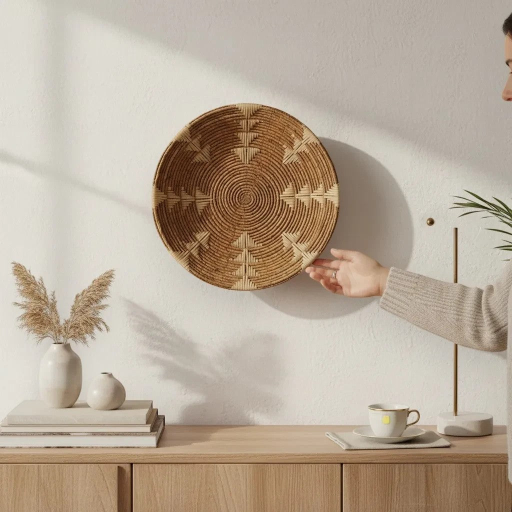 Nour Home el yapımı geometrik desenli doğal hasır duvar tabağı, rustik ve bohem ev dekorasyonu için şık bir seçenek.