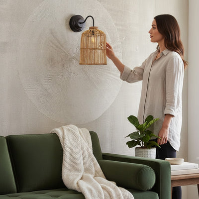 Rattan Siyah Aplik | El Yapımı Doğal Rattan Duvar Aydınlatması