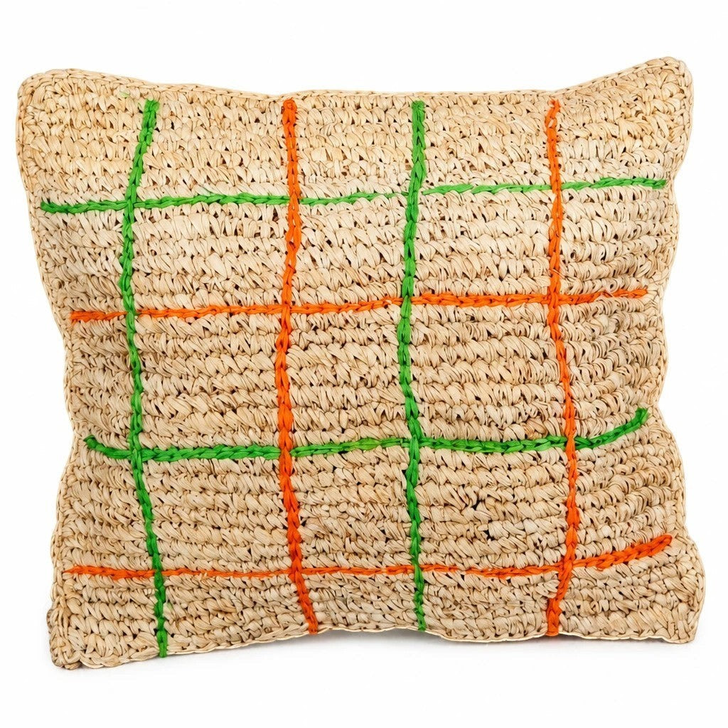 Nour Home el yapımı %100 doğal rafya kırlent kılıfı, turuncu ve yeşil çizgili desenli, 47x47 cm bohem dekoratif yastık.