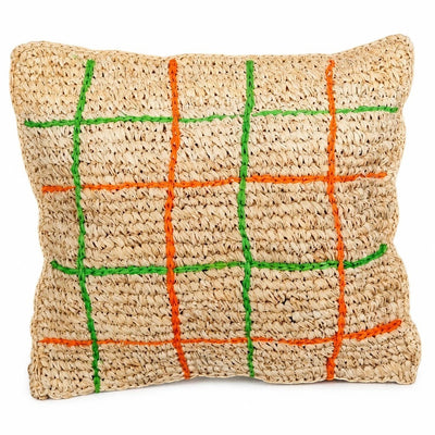 Nour Home el yapımı %100 doğal rafya kırlent kılıfı, turuncu ve yeşil çizgili desenli, 47x47 cm bohem dekoratif yastık.