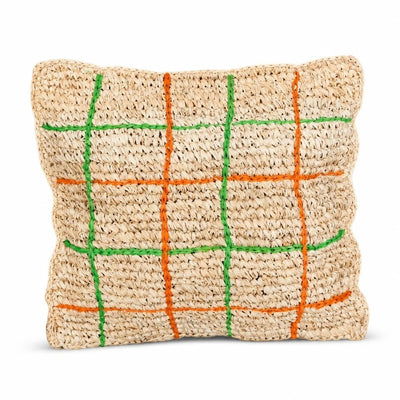 Nour Home el yapımı %100 doğal rafya kırlent kılıfı, turuncu ve yeşil çizgili desenli, 47x47 cm bohem dekoratif yastık.
