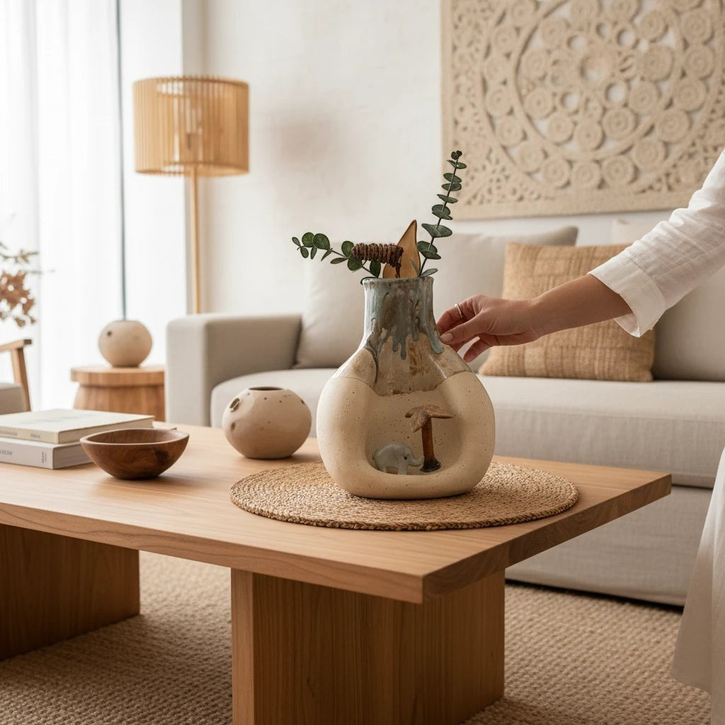 Nour Home el yapımı krem ve toprak tonlarında fil figürlü dekoratif seramik vazo, modern bohem ev dekorasyonu