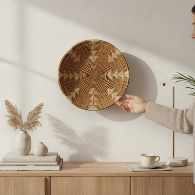 Nour Home el yapımı geometrik desenli doğal hasır duvar tabağı, rustik ve bohem ev dekorasyonu için şık bir seçenek.