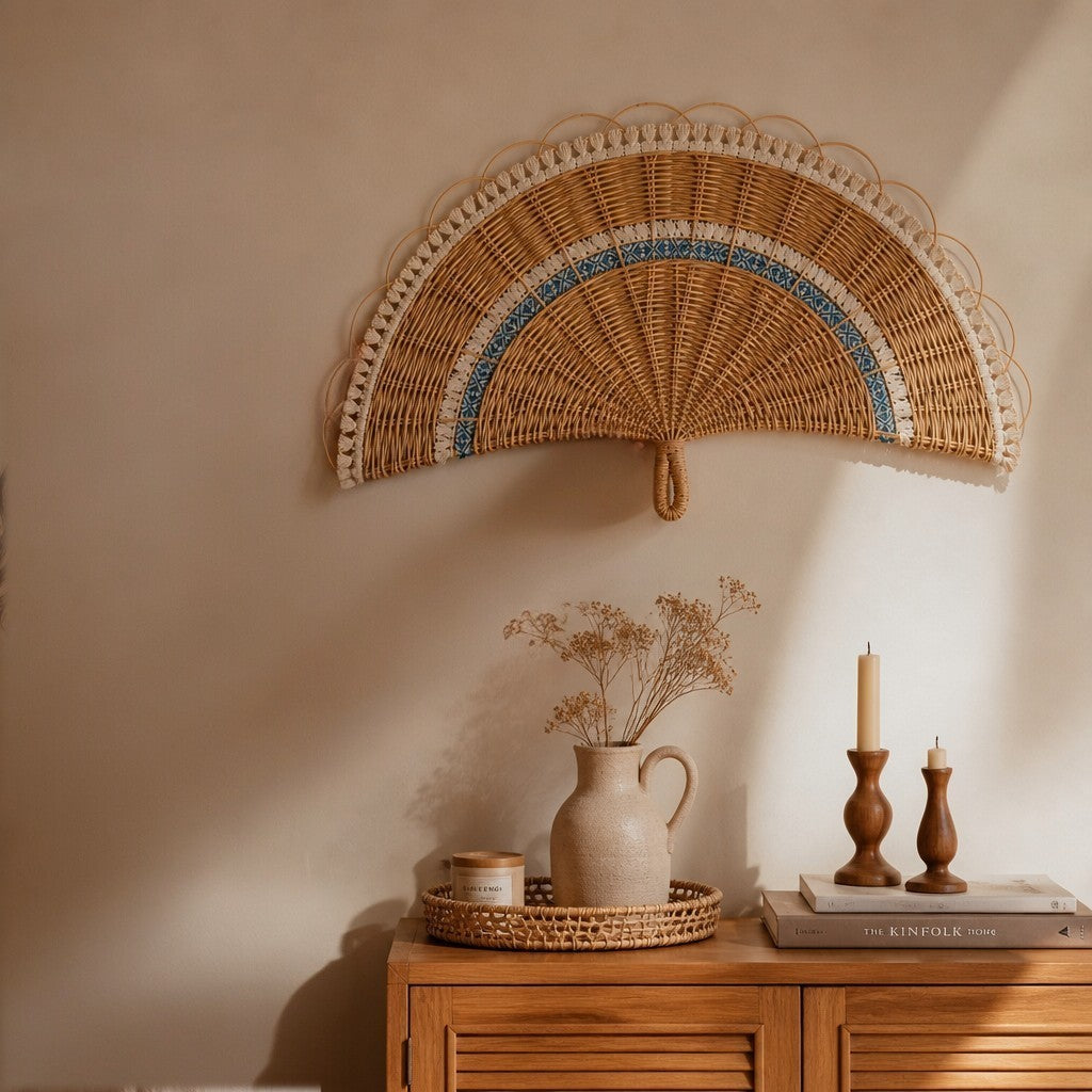 Nour Home el yapımı hasır yelpaze duvar dekoru, mavi desenli şeritli ve püsküllü bohem rattan duvar süsü.